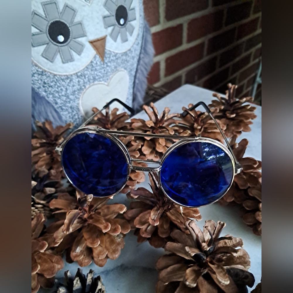 Blue Lens Round Silver Metal Frame Flip Up Sunglasses Clear Glasses Eyewear